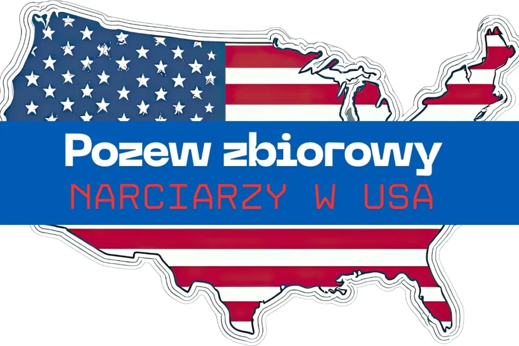 Grafika z flagą USA i napisem: Pozew zbiorowy narciarzy w USA